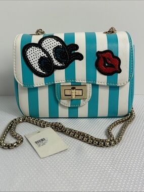 Novelty Bag Blue White Stripes Chain Strap Eyes Lips Turn Lock Shoulder Bag